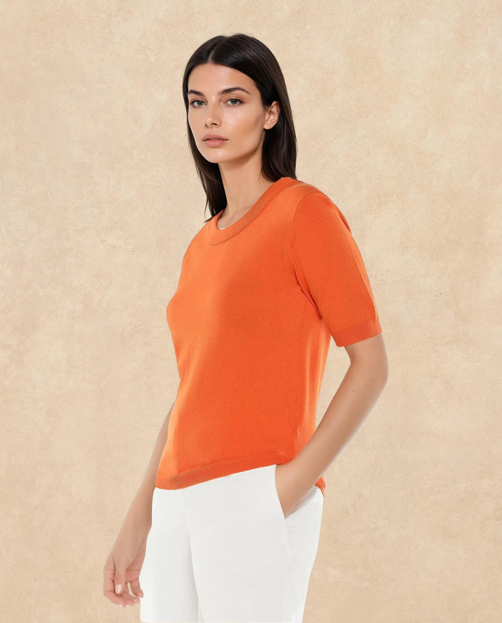 Rareism Women Rohrdo Orange Plain Crew Neck Plain Sweater