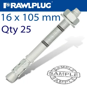 RAWLPLUG THROUGHBOLT 16X105X10MM ZINC FLAKE 25 -BOX RAW R-HPTIIZF-16105-10