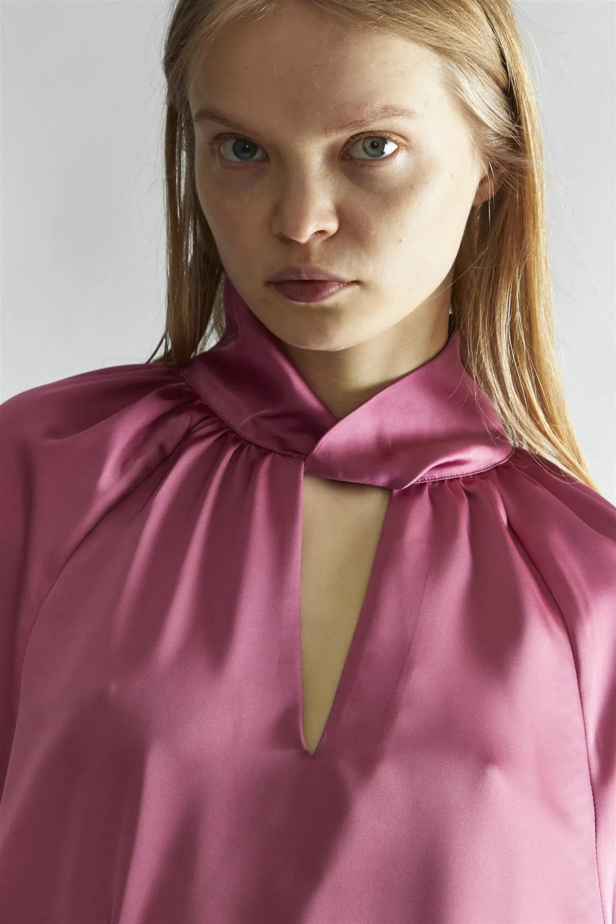 Rose-Pink Satin Twist-Collar Blouse