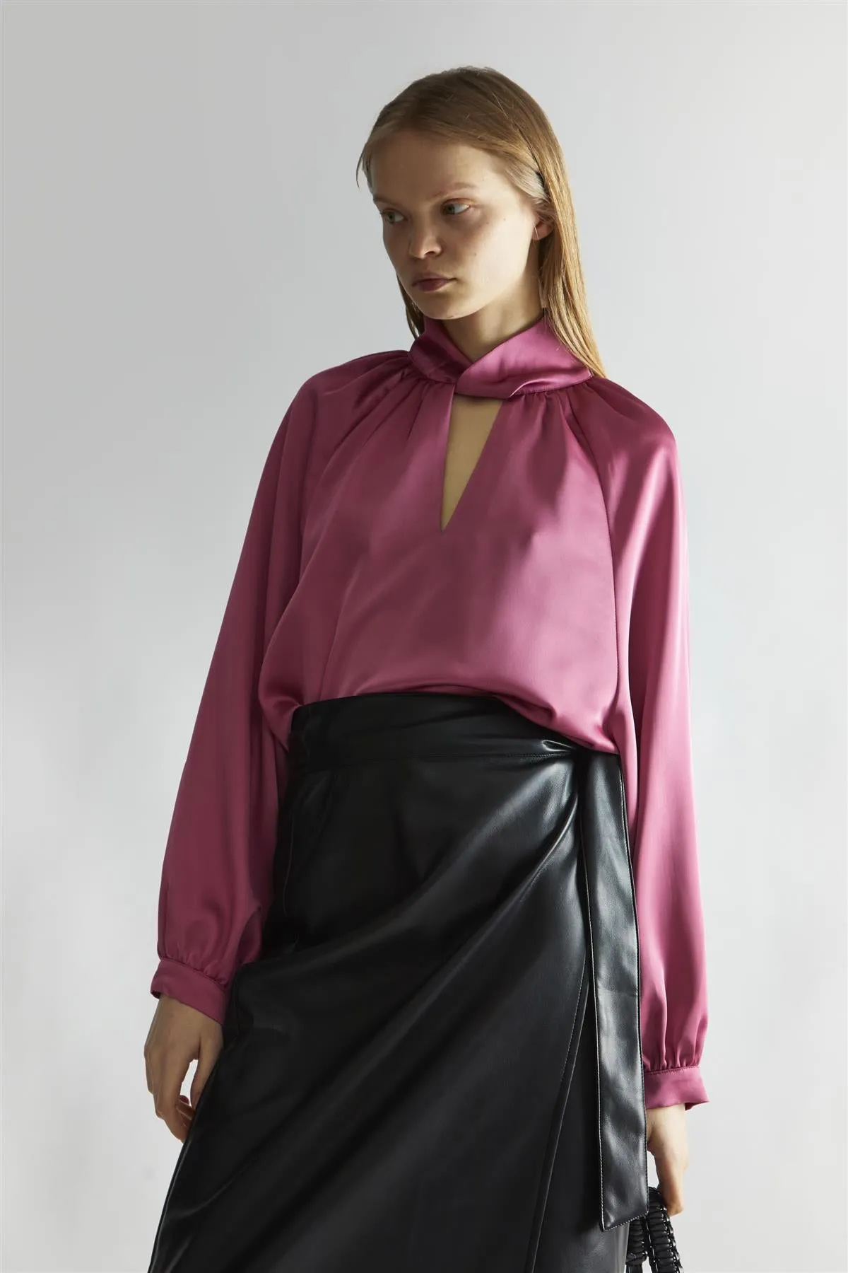 Rose-Pink Satin Twist-Collar Blouse