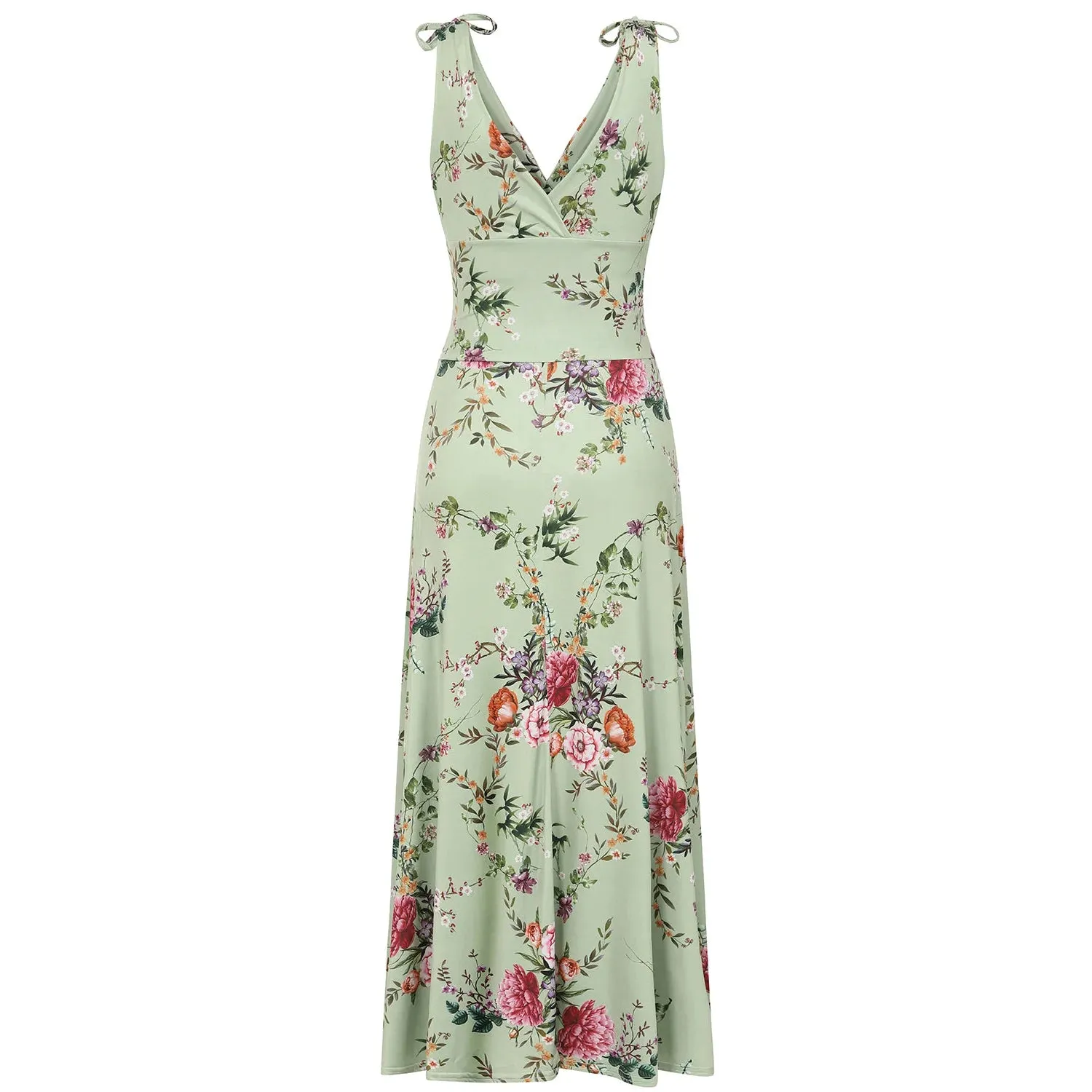 Sage Green Floral Print Slinky Summer Maxi Dress