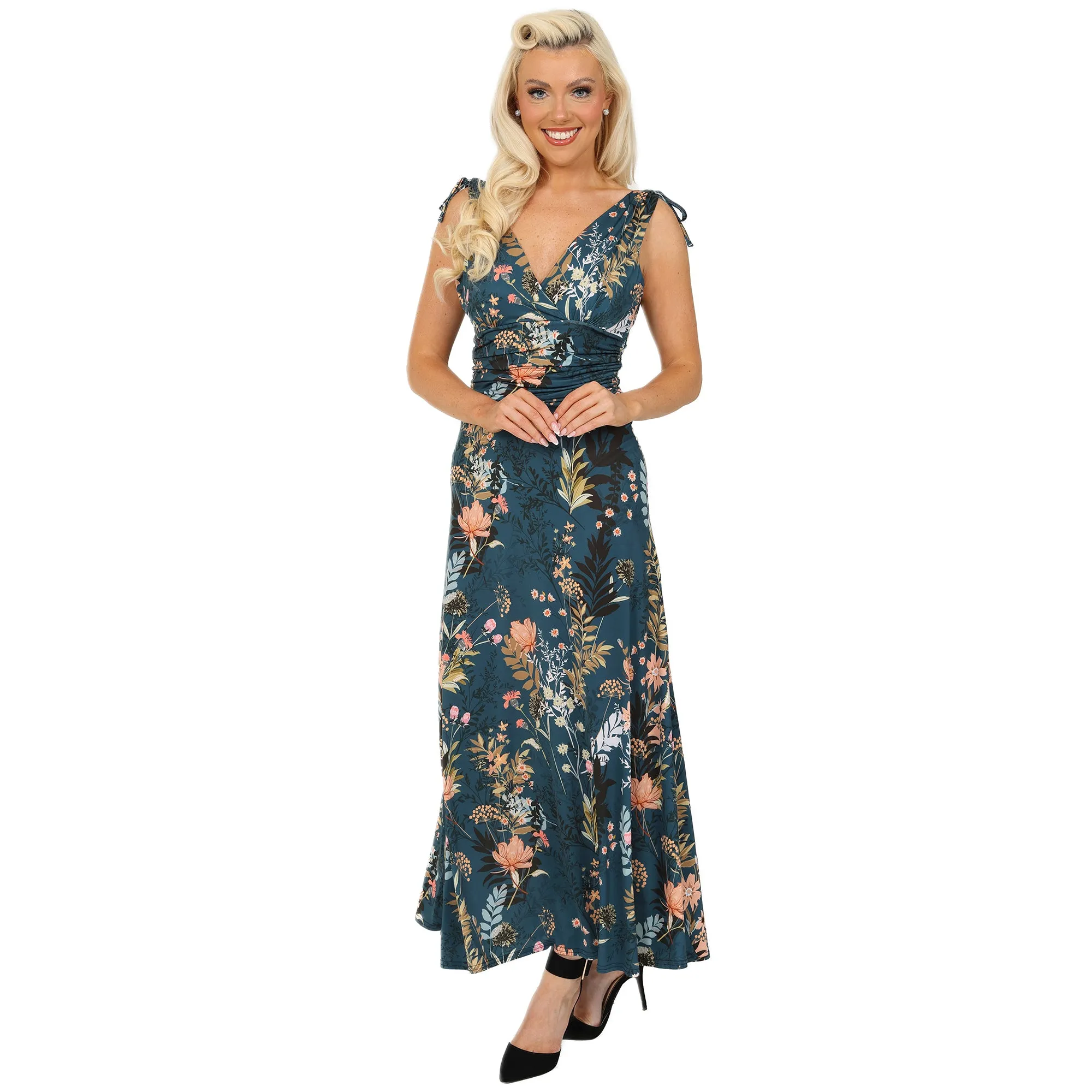 Sage Green Floral Print Slinky Summer Maxi Dress