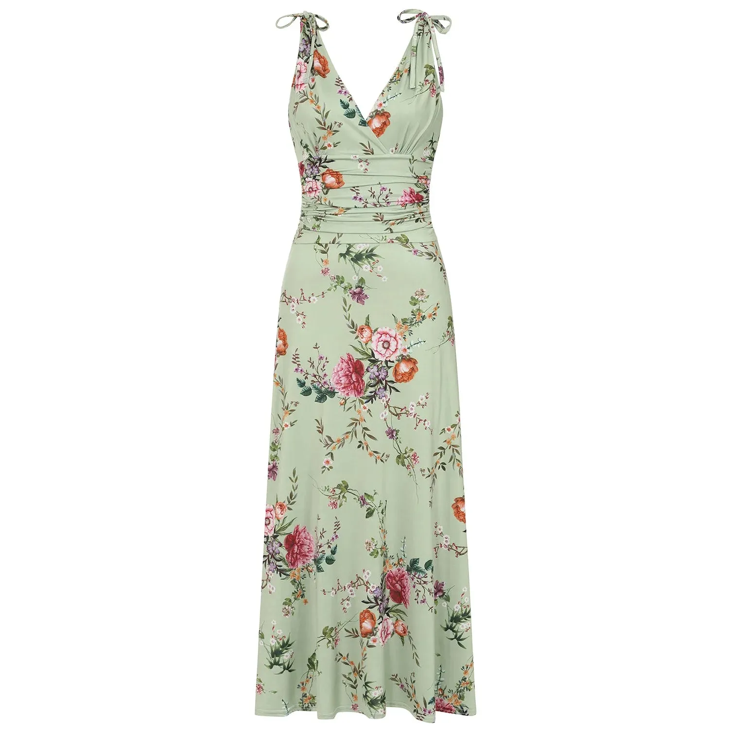 Sage Green Floral Print Slinky Summer Maxi Dress