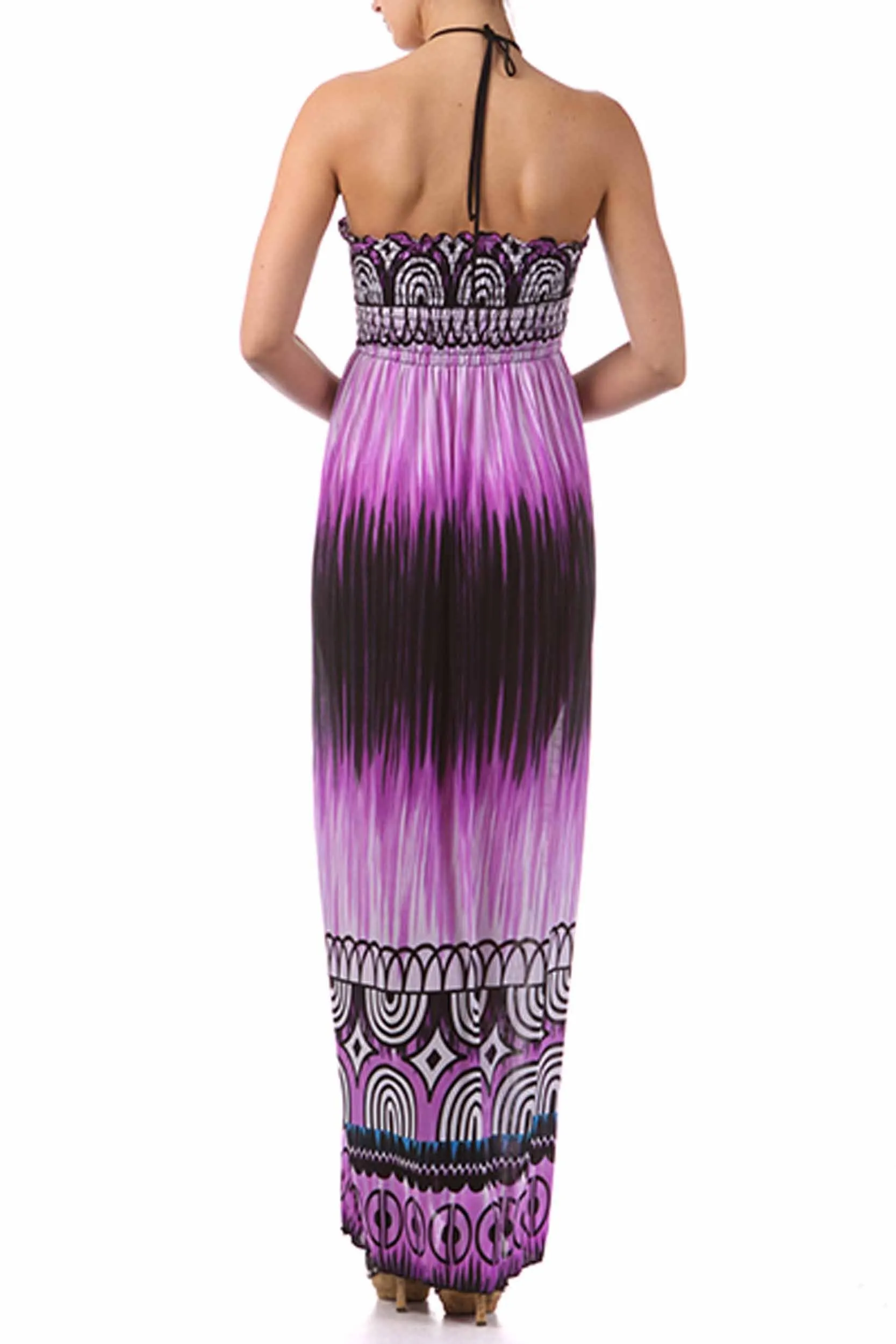 Sakkas Geometric Arches Beaded Halter Smocked Bodice Long Dress