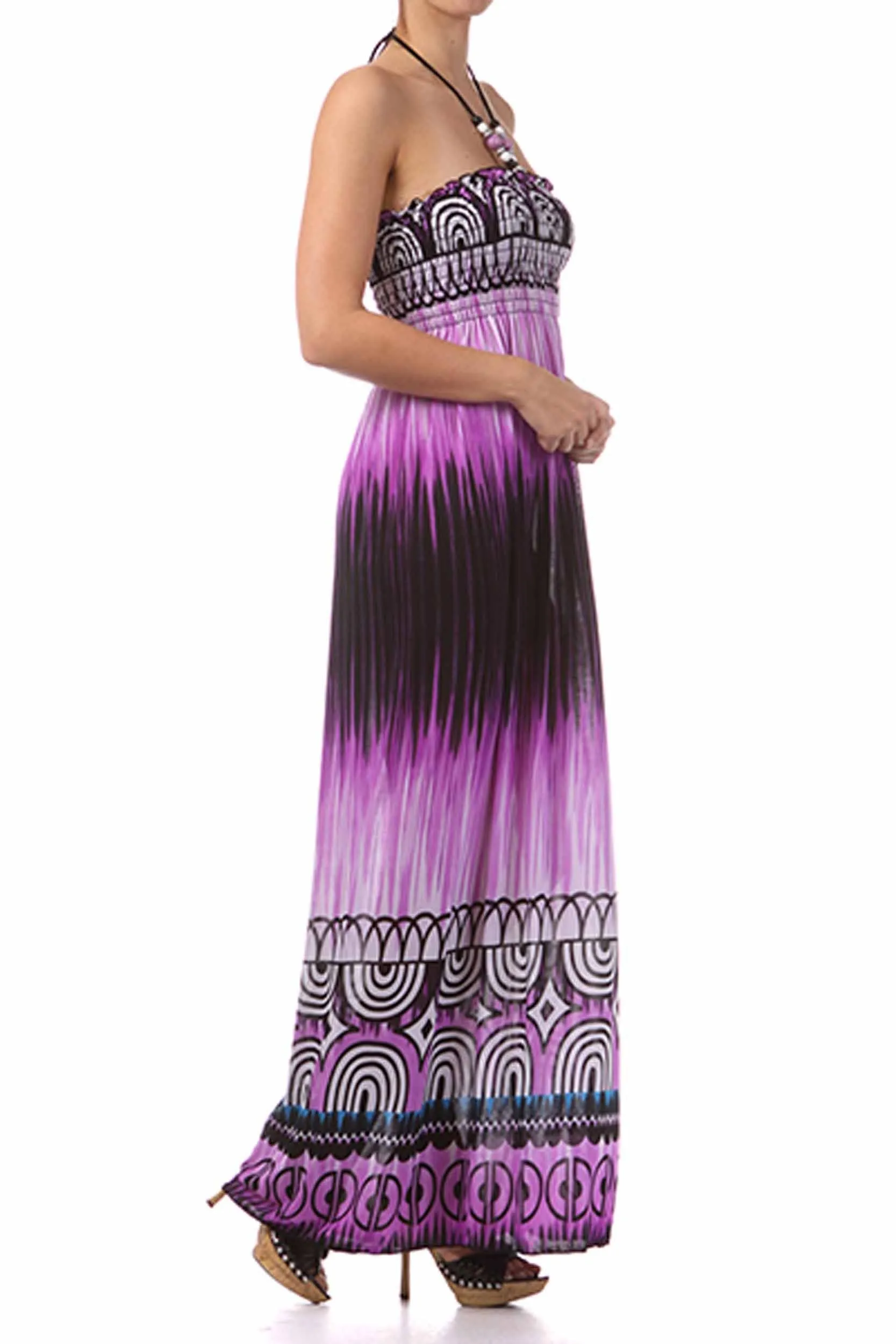 Sakkas Geometric Arches Beaded Halter Smocked Bodice Long Dress