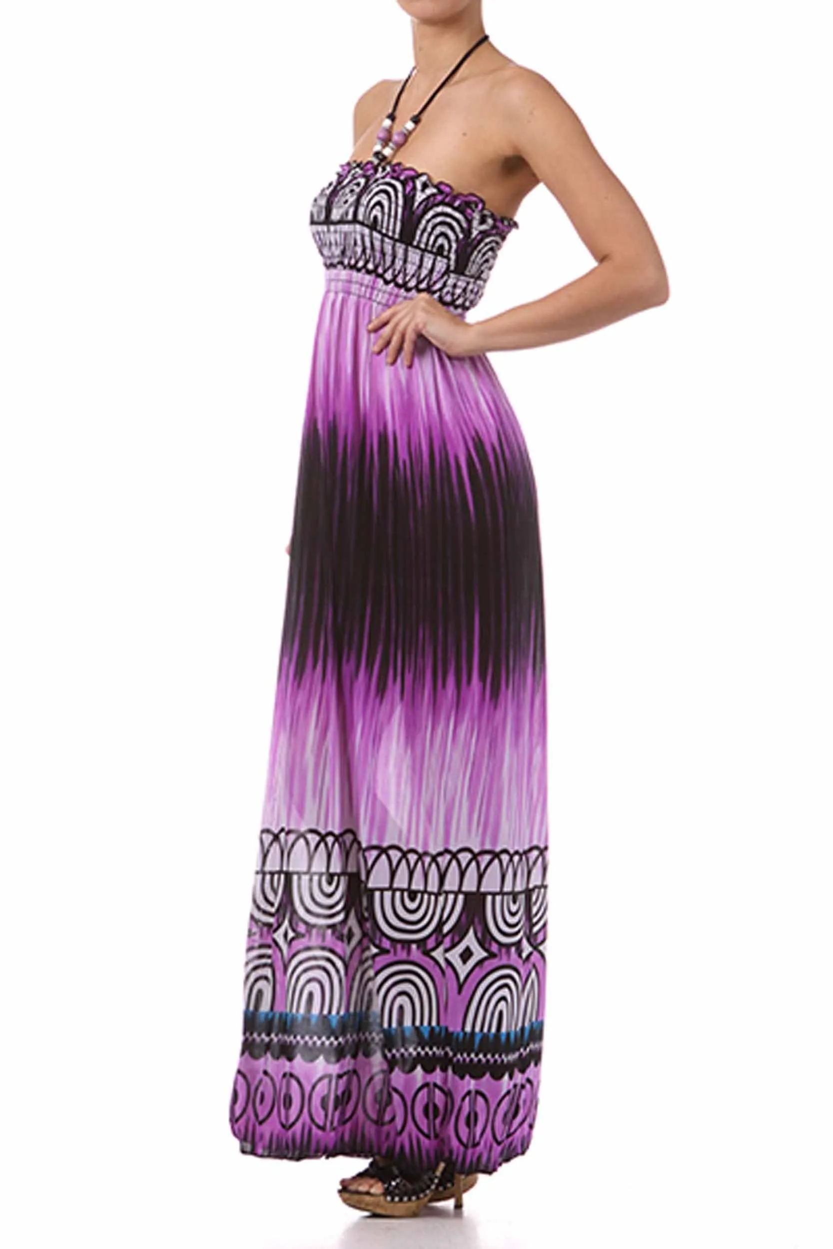 Sakkas Geometric Arches Beaded Halter Smocked Bodice Long Dress