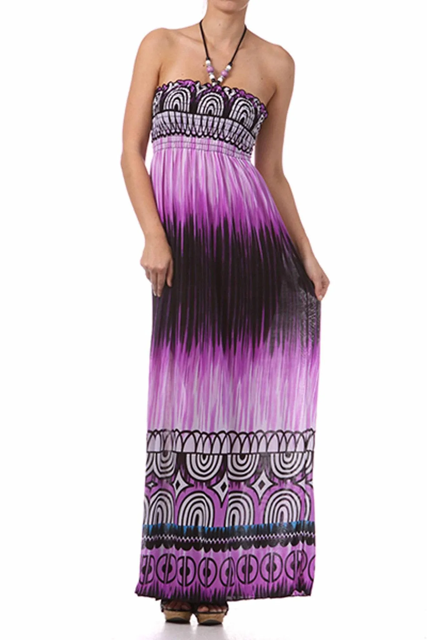 Sakkas Geometric Arches Beaded Halter Smocked Bodice Long Dress