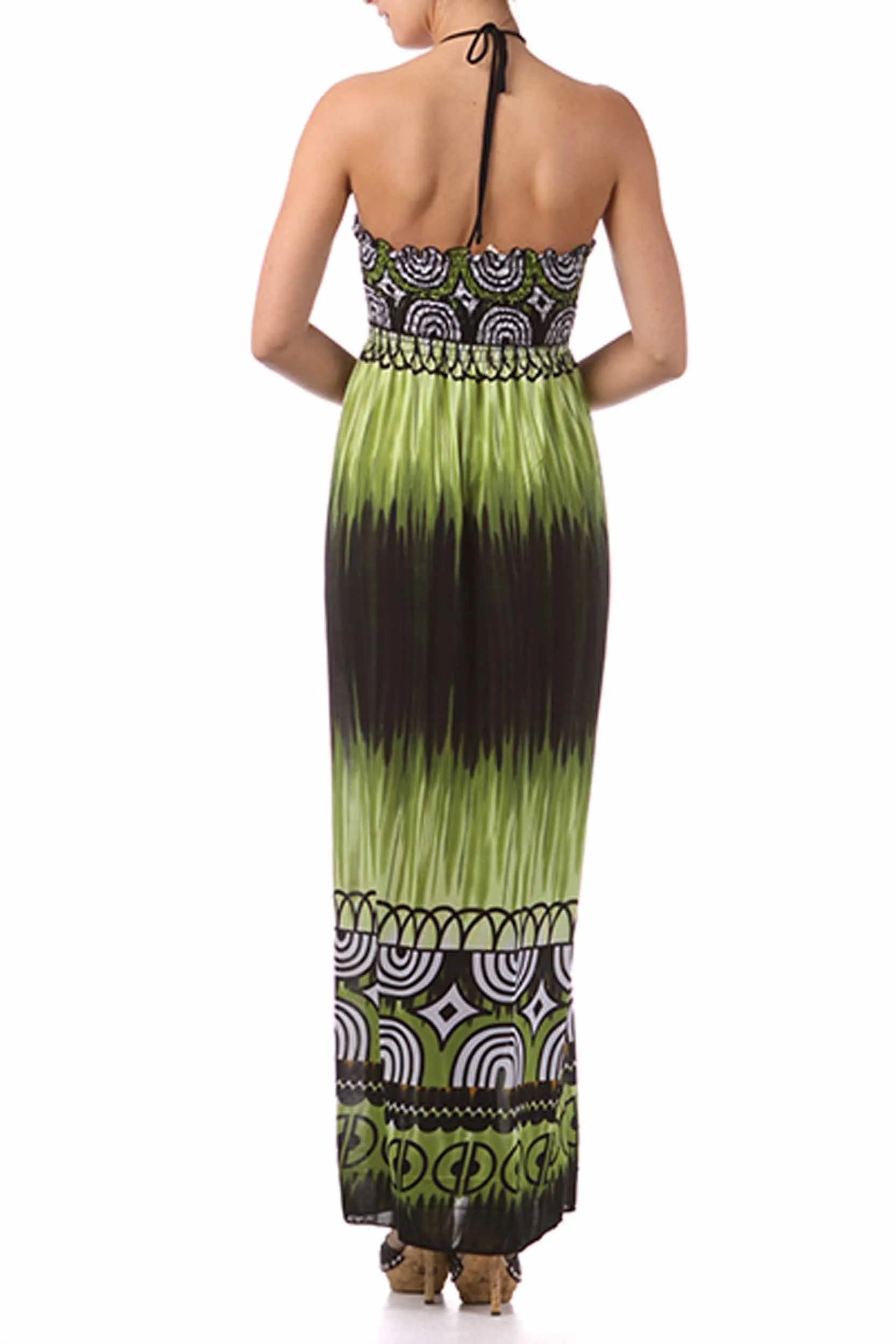 Sakkas Geometric Arches Beaded Halter Smocked Bodice Long Dress