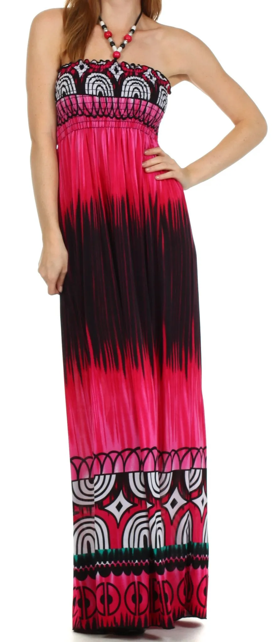 Sakkas Geometric Arches Beaded Halter Smocked Bodice Long Dress