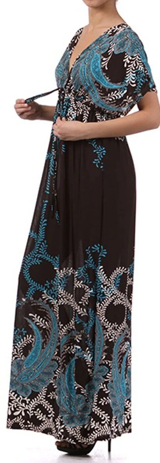 Sakkas Paisley V-Neck Cap Sleeve Empire Waist Long / Maxi Dress