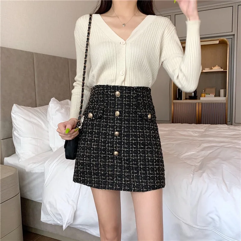 sealbeer Plaid Tweed Skirts Office Lady High Waist Mini Skirt Woolen Clubwear Vintage Buttons Black White Zipper Shorts Skirt