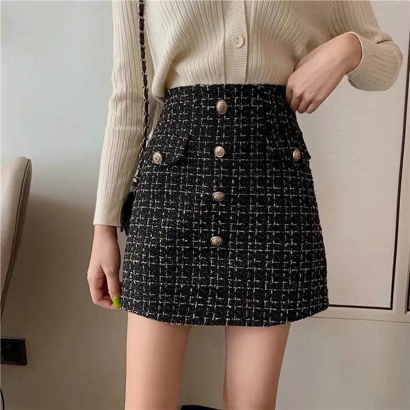 sealbeer Plaid Tweed Skirts Office Lady High Waist Mini Skirt Woolen Clubwear Vintage Buttons Black White Zipper Shorts Skirt