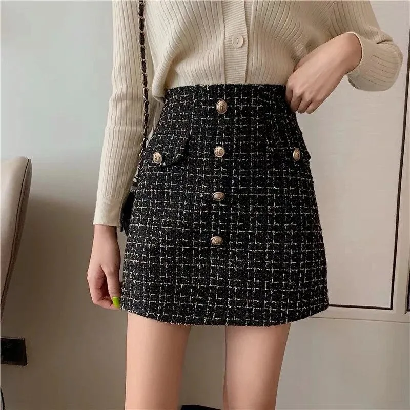 sealbeer Plaid Tweed Skirts Office Lady High Waist Mini Skirt Woolen Clubwear Vintage Buttons Black White Zipper Shorts Skirt