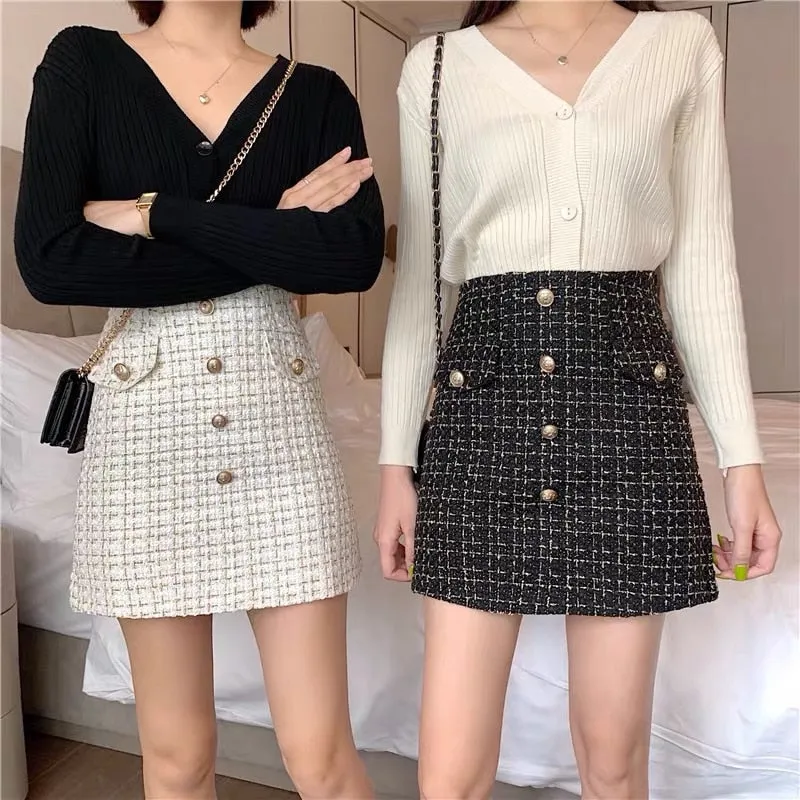 sealbeer Plaid Tweed Skirts Office Lady High Waist Mini Skirt Woolen Clubwear Vintage Buttons Black White Zipper Shorts Skirt