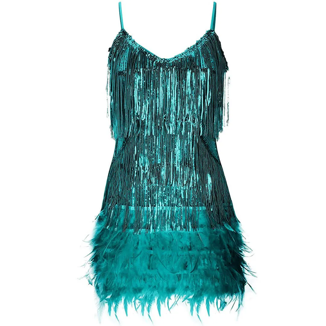 Shimmery Scoop Neck Sequin Fringe Feather Slip Flapper Mini Dress - Teal Green