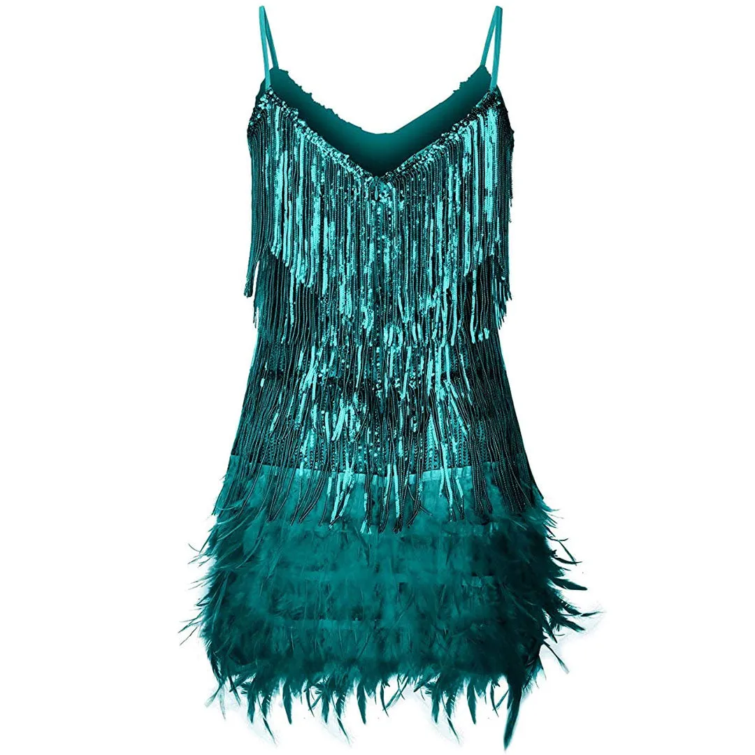 Shimmery Scoop Neck Sequin Fringe Feather Slip Flapper Mini Dress - Teal Green