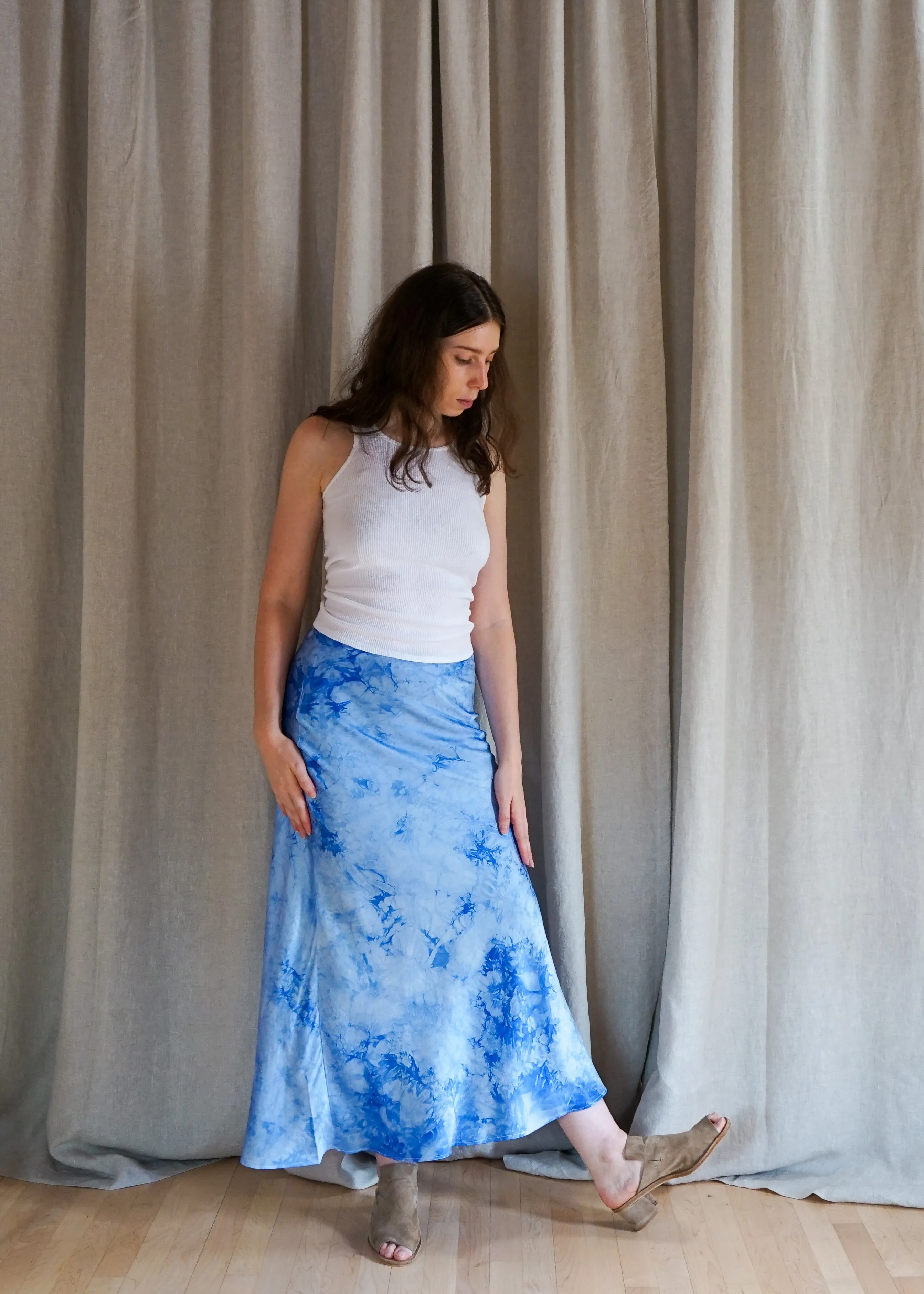 Silk Bias Skirt, Light Blue Crystal Wash