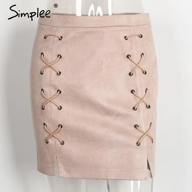 Simplee Autumn lace up leather suede pencil skirt Winter 2017 cross high waist skirt Zipper split bodycon short skirts womens