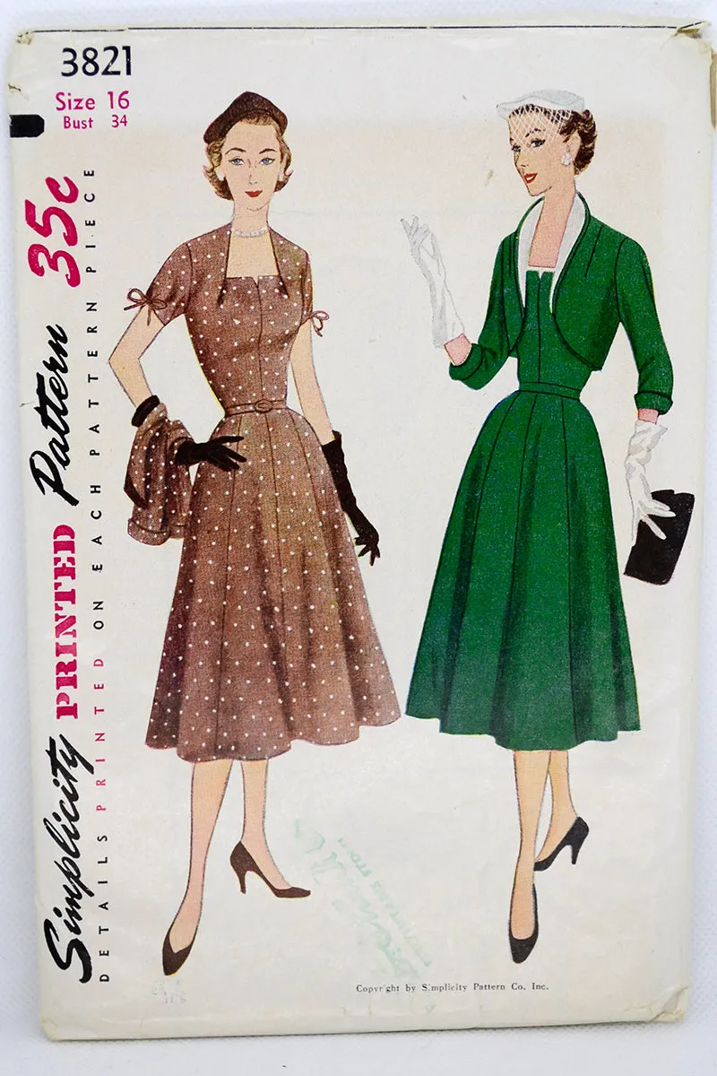 Simplicity 3821 Vintage 1950s Dress & Cropped Jacket Sewing Pattern