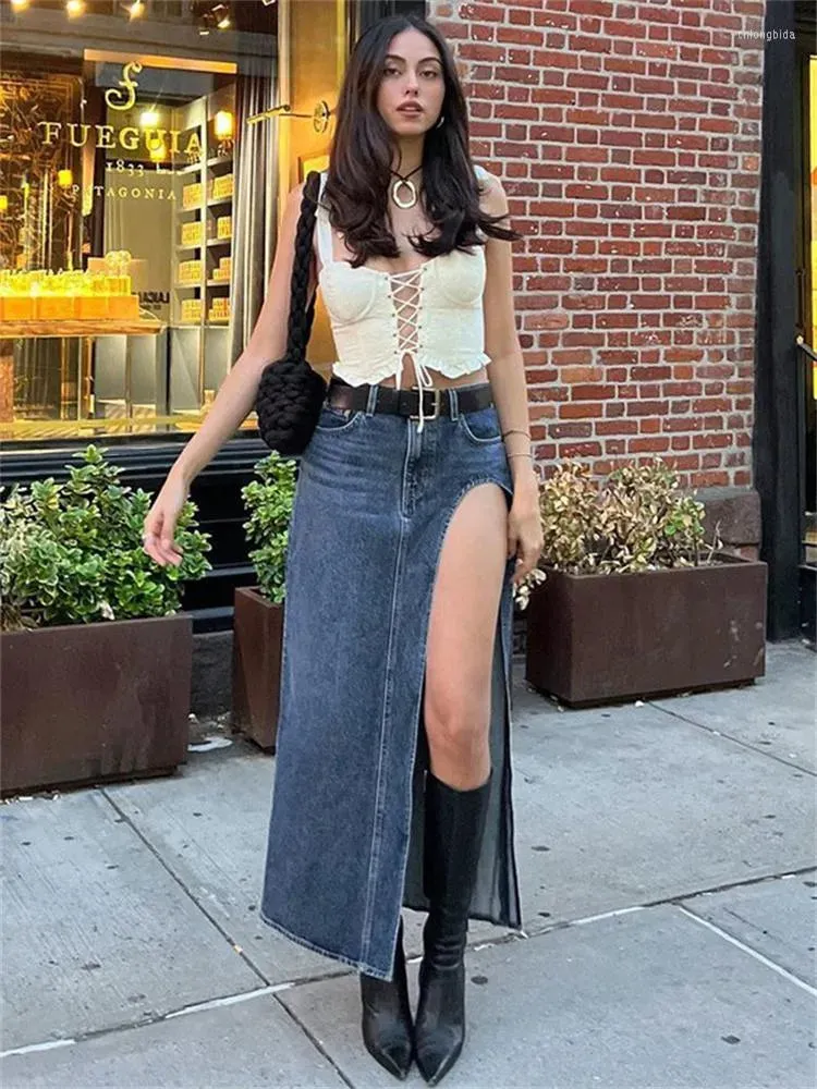 Skirts  Summer Split Out Denim Skirt Jeans Women Casual Long Low Waisted Jean Streetwear Midi Pencil Y2k