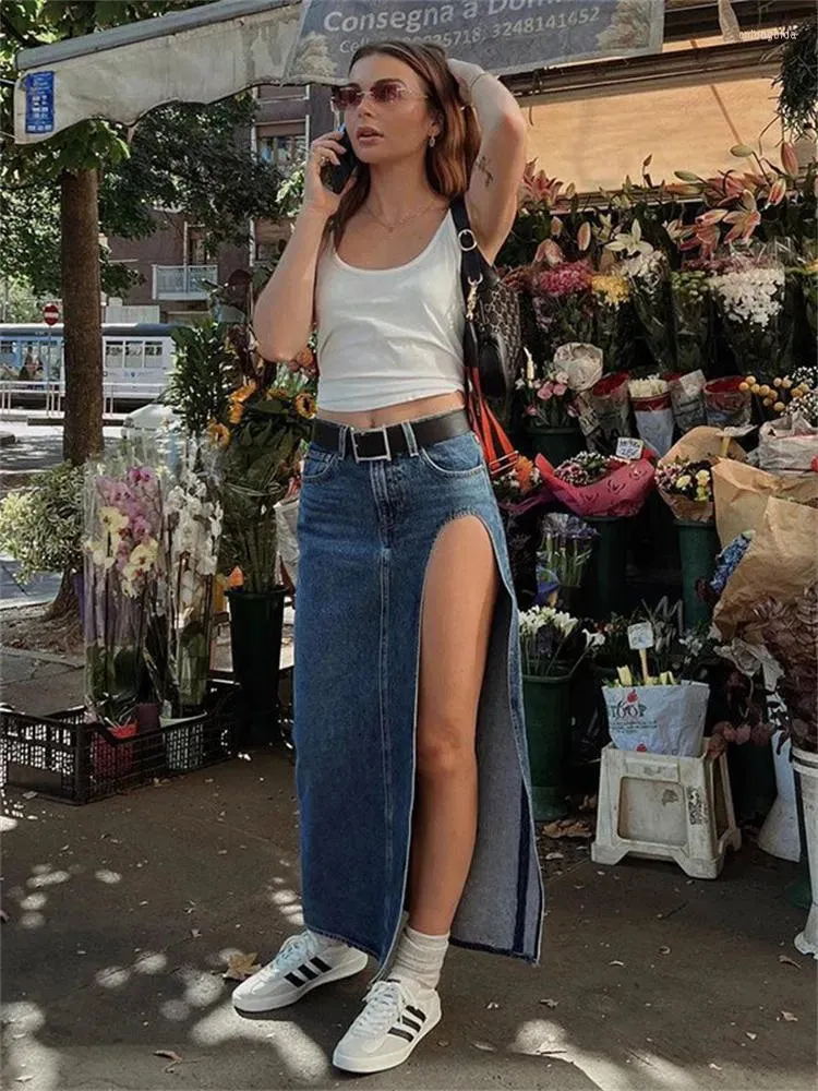 Skirts  Summer Split Out Denim Skirt Jeans Women Casual Long Low Waisted Jean Streetwear Midi Pencil Y2k