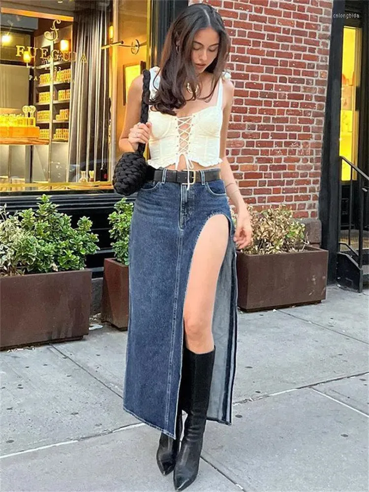 Skirts  Summer Split Out Denim Skirt Jeans Women Casual Long Low Waisted Jean Streetwear Midi Pencil Y2k