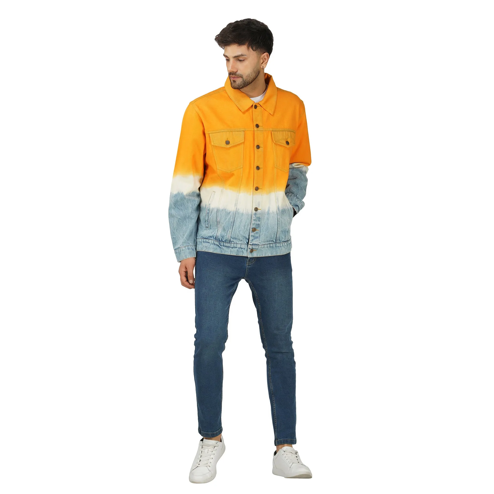 SLAY. Men's Orange White Blue Tie Dye Button-Down Ripped Denim Jacket