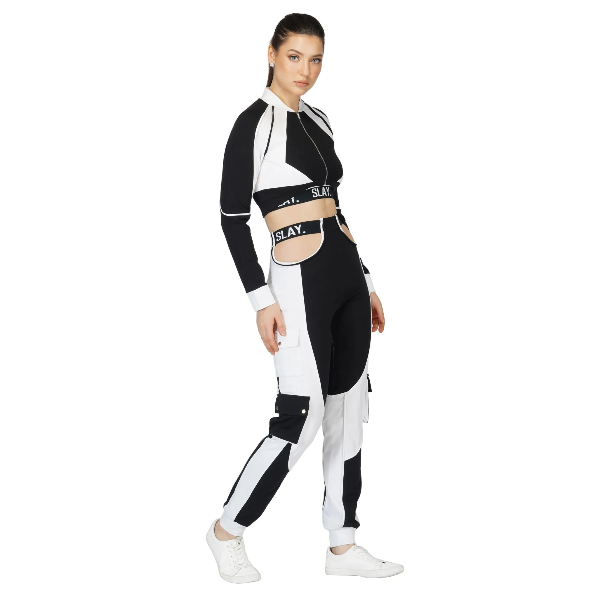 SLAY. Women's Activewear Crop Jacket Black & White Colorblock Streetwear