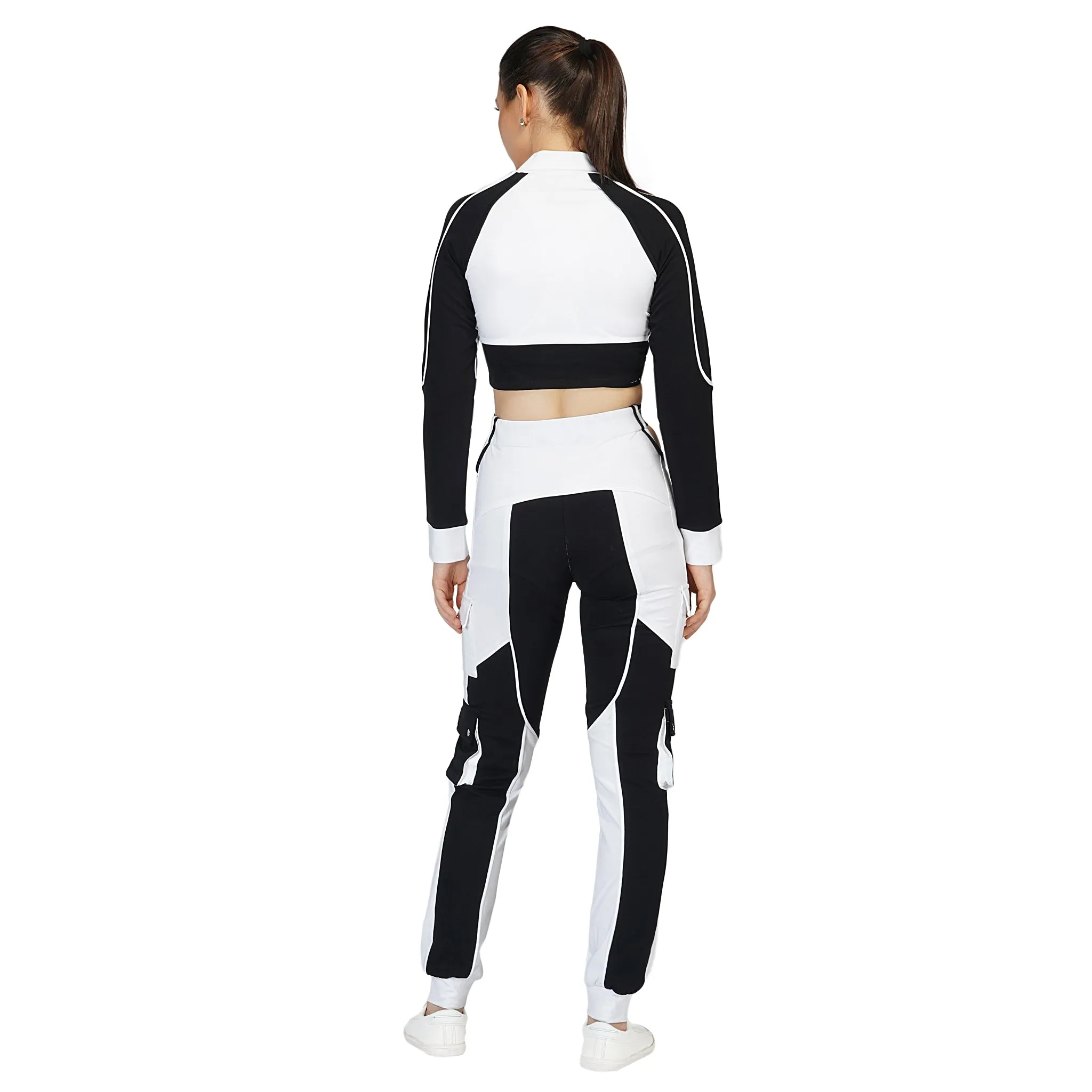 SLAY. Women's Activewear Crop Jacket Black & White Colorblock Streetwear