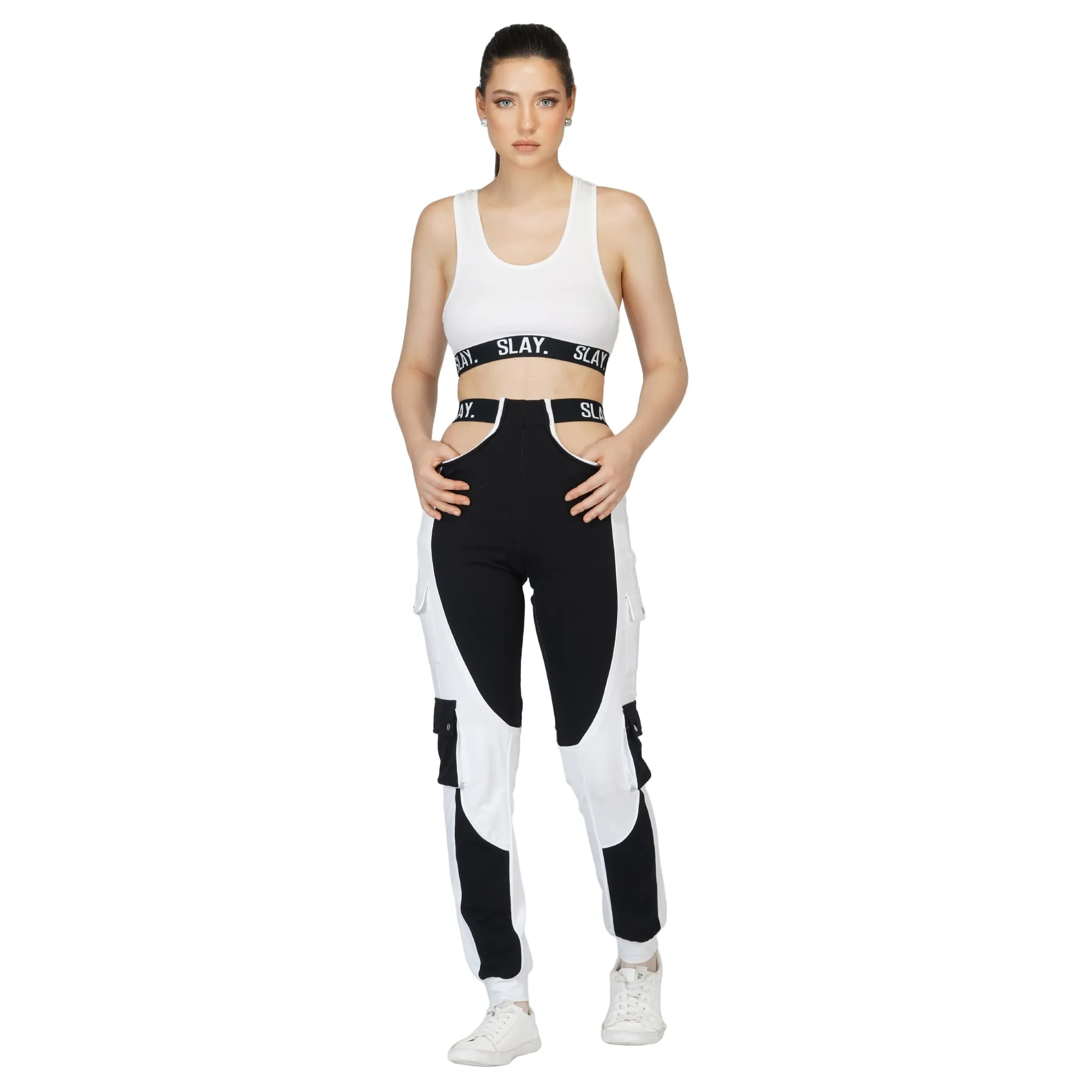 SLAY. Women's Activewear Crop Jacket Black & White Colorblock Streetwear