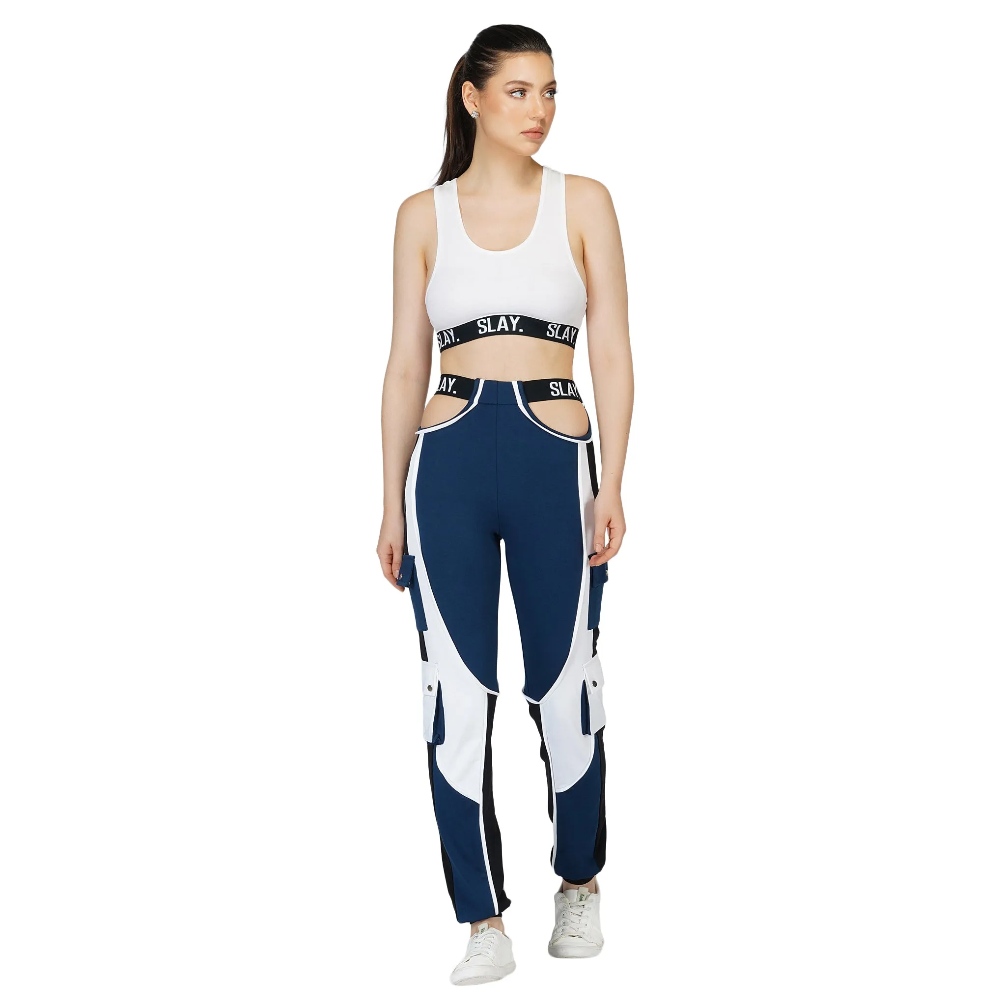 SLAY. Women's Navy Blue Activewear High Waist Blue Colorblock Cargo Jogger Pants