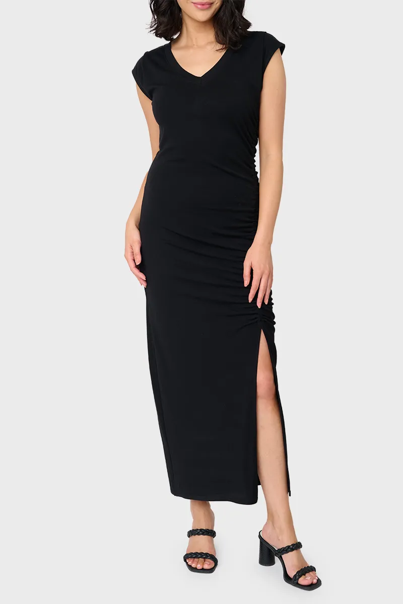 Soft Ponte V-Neck Side Cinch Maxi Dress