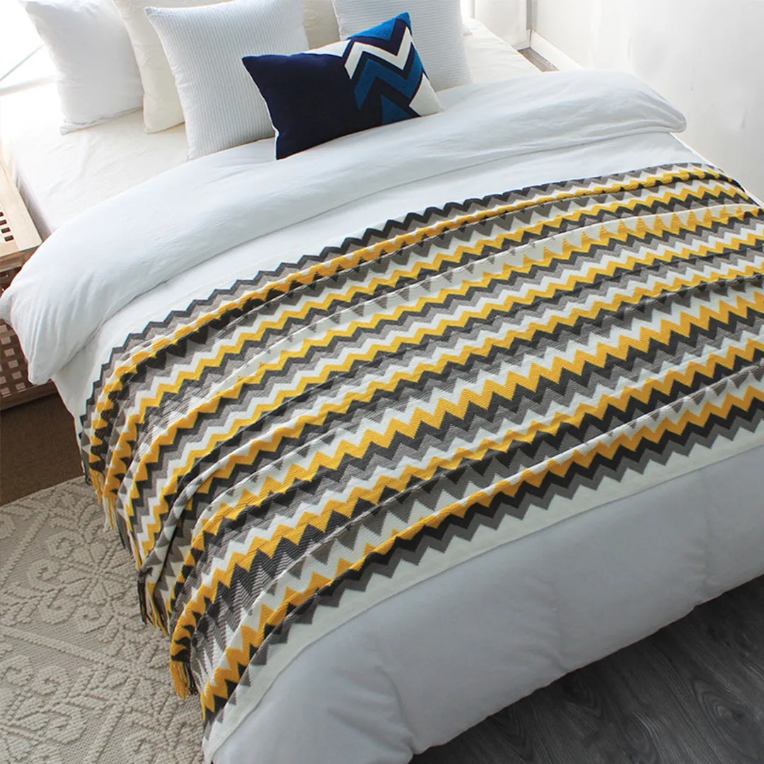 SOGA 170cm Yellow Zigzag Striped Throw Blanket Acrylic Wave Knitted Fringed Woven Cover Couch Bed Sofa Home Decor