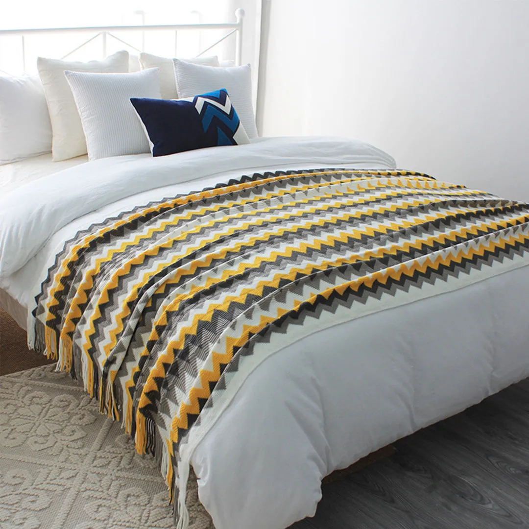 SOGA 170cm Yellow Zigzag Striped Throw Blanket Acrylic Wave Knitted Fringed Woven Cover Couch Bed Sofa Home Decor