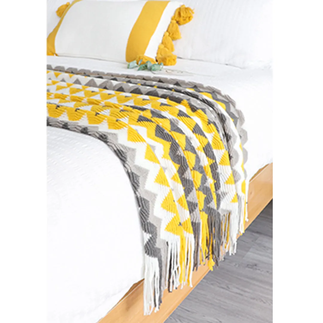 SOGA 170cm Yellow Zigzag Striped Throw Blanket Acrylic Wave Knitted Fringed Woven Cover Couch Bed Sofa Home Decor