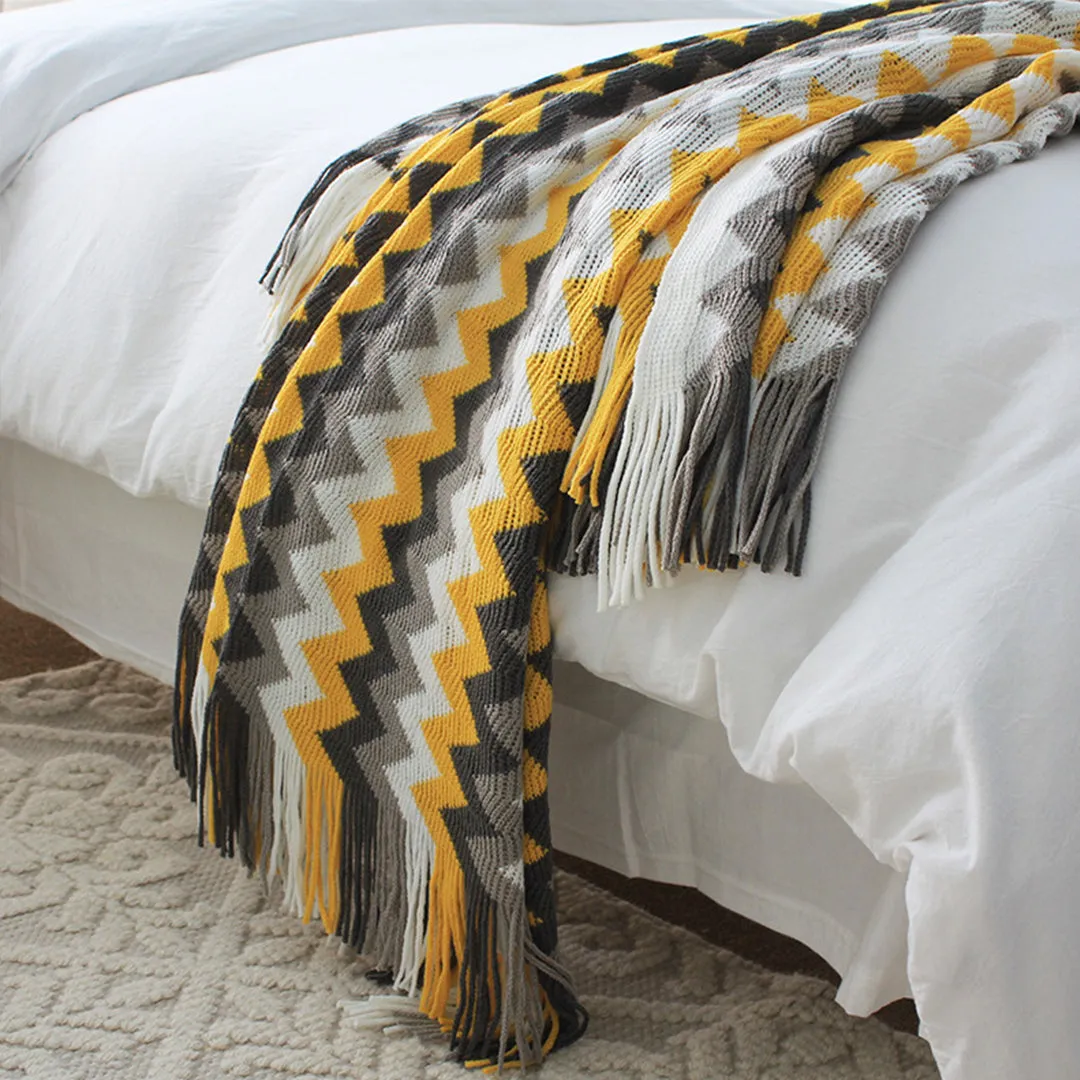 SOGA 170cm Yellow Zigzag Striped Throw Blanket Acrylic Wave Knitted Fringed Woven Cover Couch Bed Sofa Home Decor