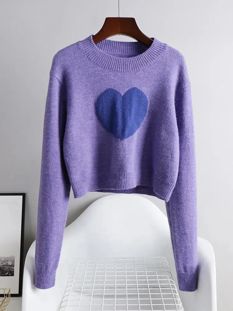 Spring Candy Girly Sweater Purple Knitted Cute Crop Top Heart Patchwork Korean Cute Loose Short Pullover  B-040