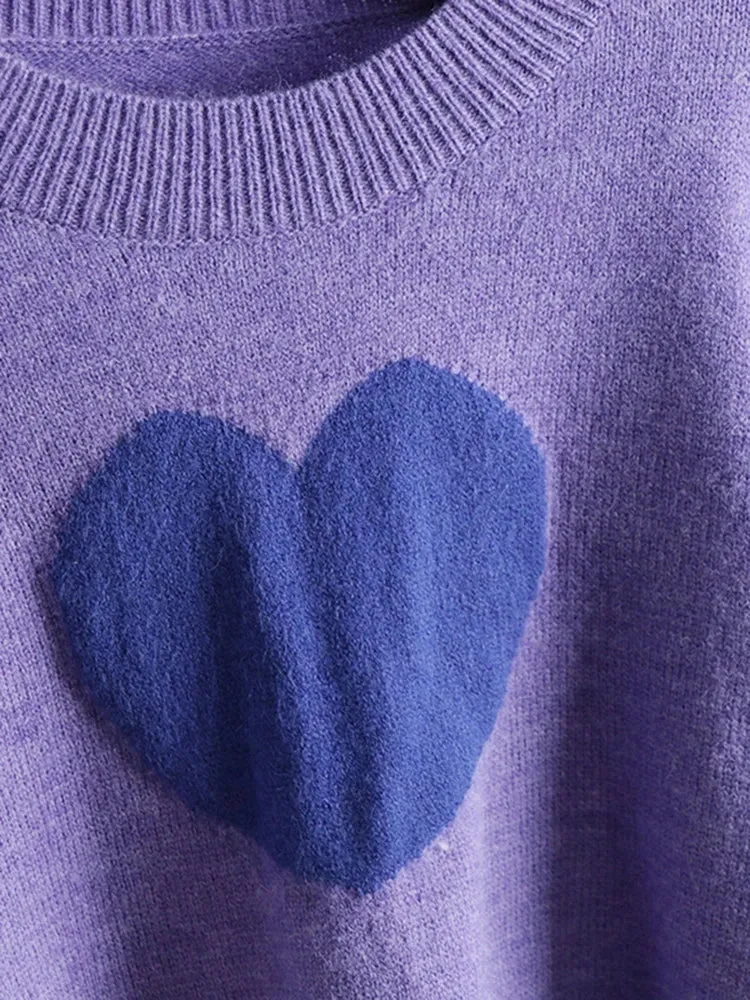 Spring Candy Girly Sweater Purple Knitted Cute Crop Top Heart Patchwork Korean Cute Loose Short Pullover  B-040