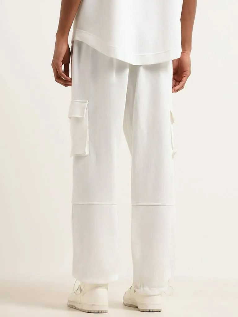 Studiofit White Cotton Blend Relaxed Fit Cargo Pants