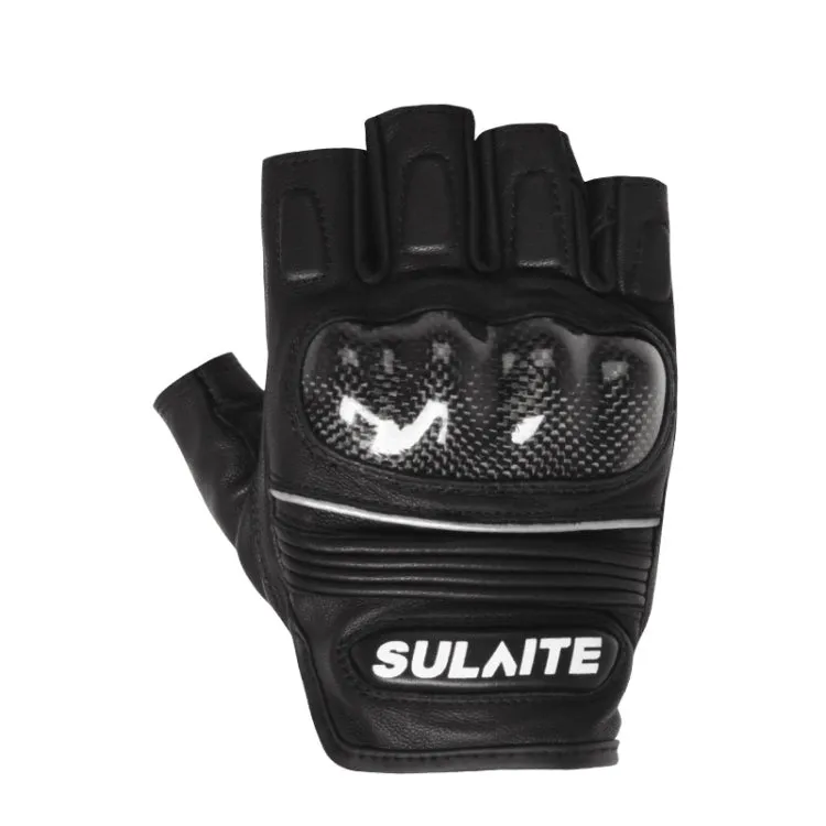 SULAITE Motorcycle Sheepskin Carbon Fiber Breathable Half-finger Riding Gloves, Size: XL(Black)