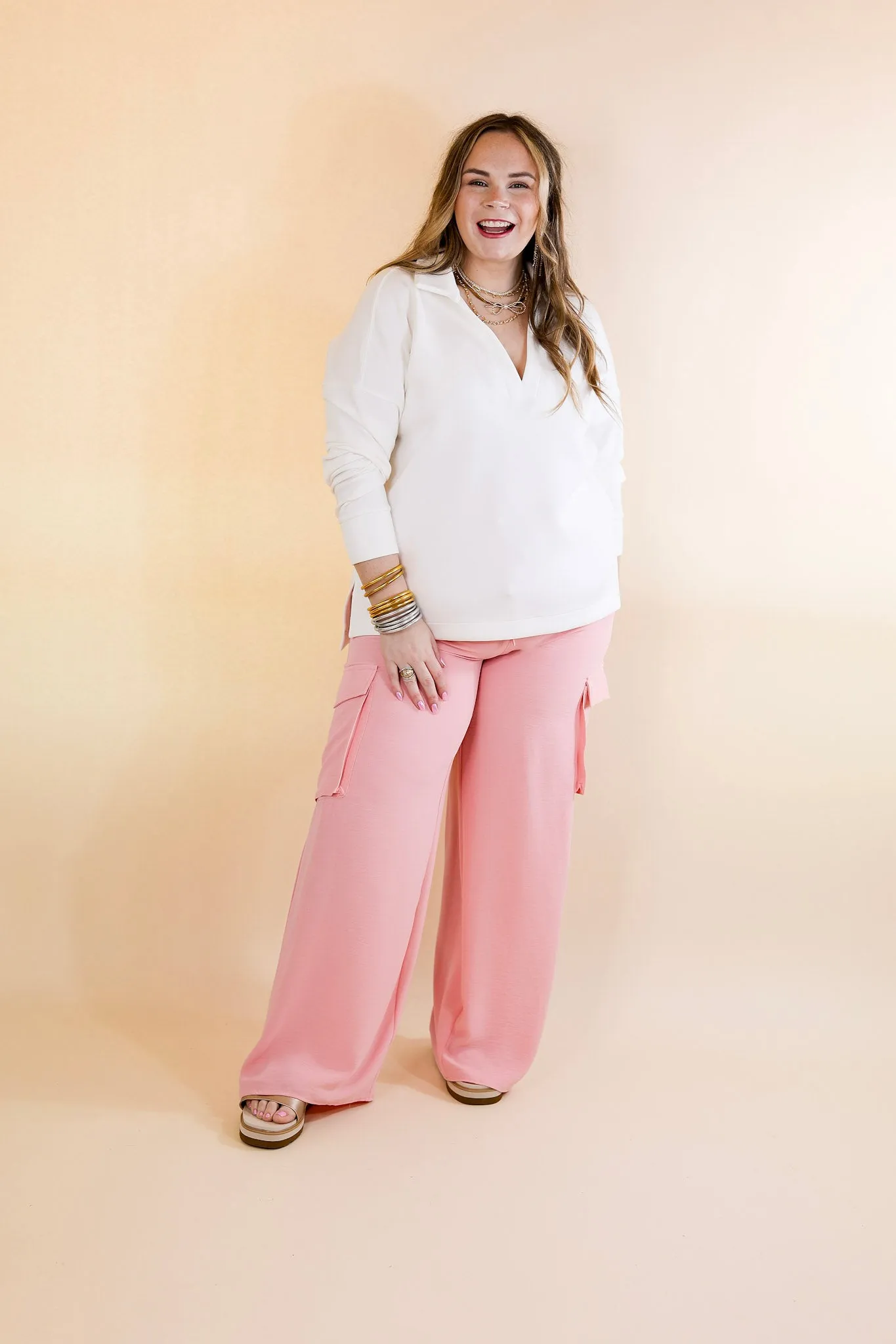 Sunday Stroll Wide Leg Cargo Pant in Baby Pink