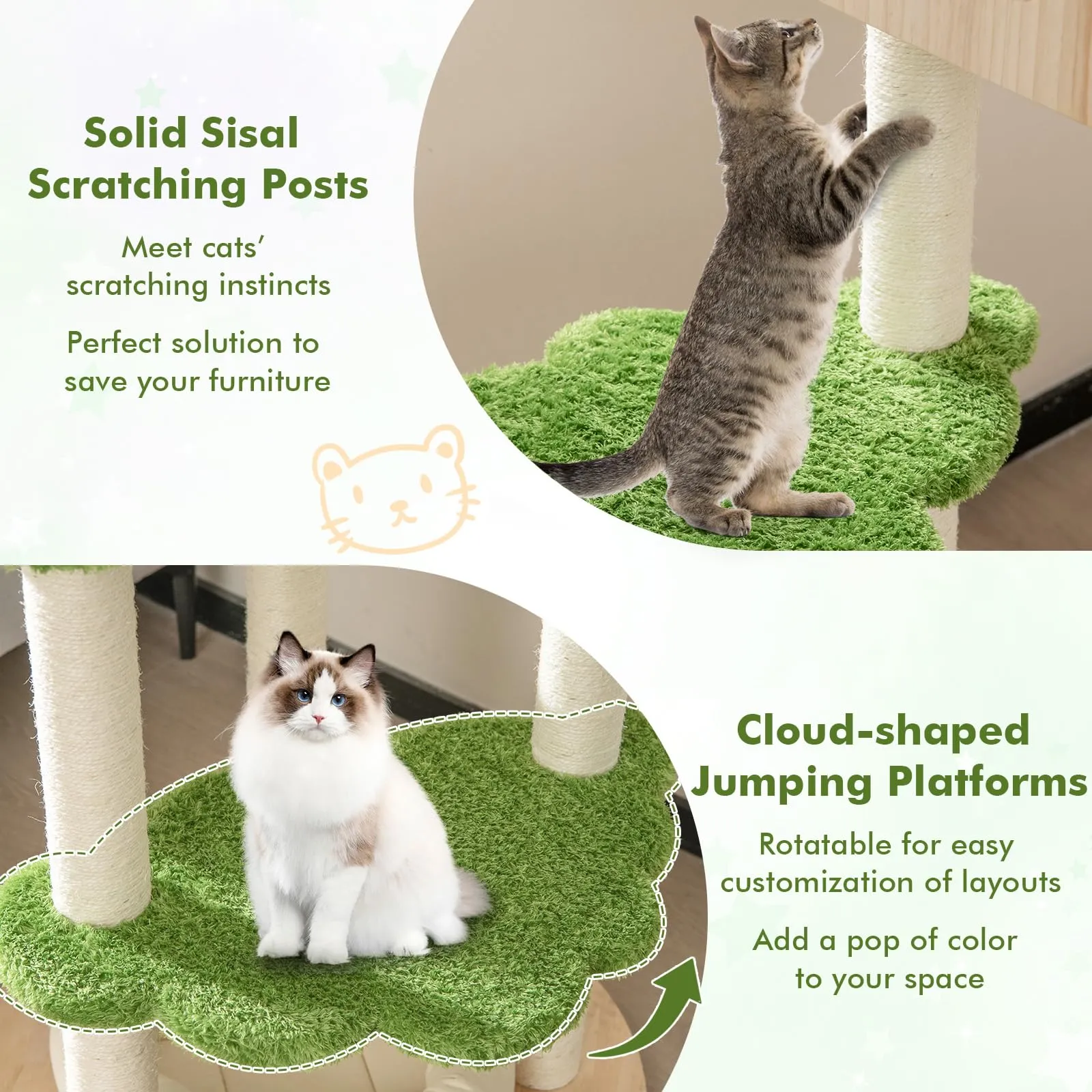 Tangkula Cat Tree Tower, Multi-Level Modern Wood Cat Tower with Sisal Scratching Posts