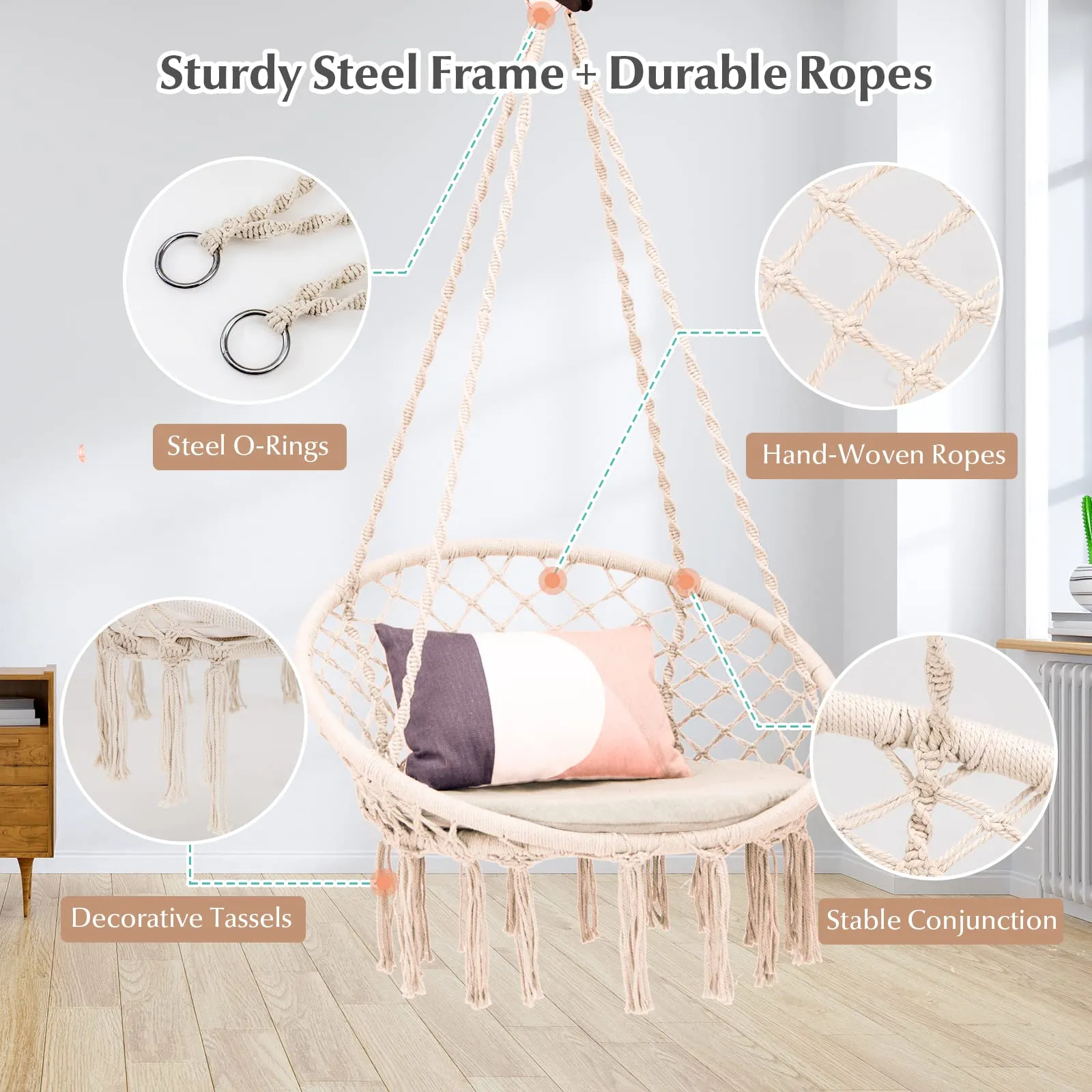 Tangkula Hammock Chair with Cushion, Bohemian Style Macrame Swing Chair with Hanging Hardware Kit & Strap