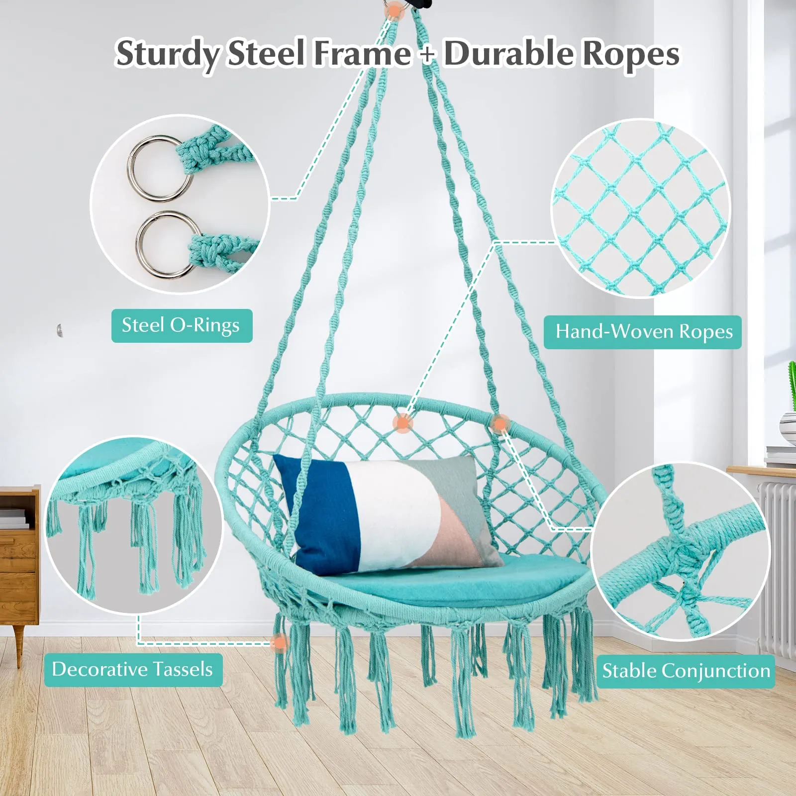 Tangkula Hammock Chair with Cushion, Bohemian Style Macrame Swing Chair with Hanging Hardware Kit & Strap