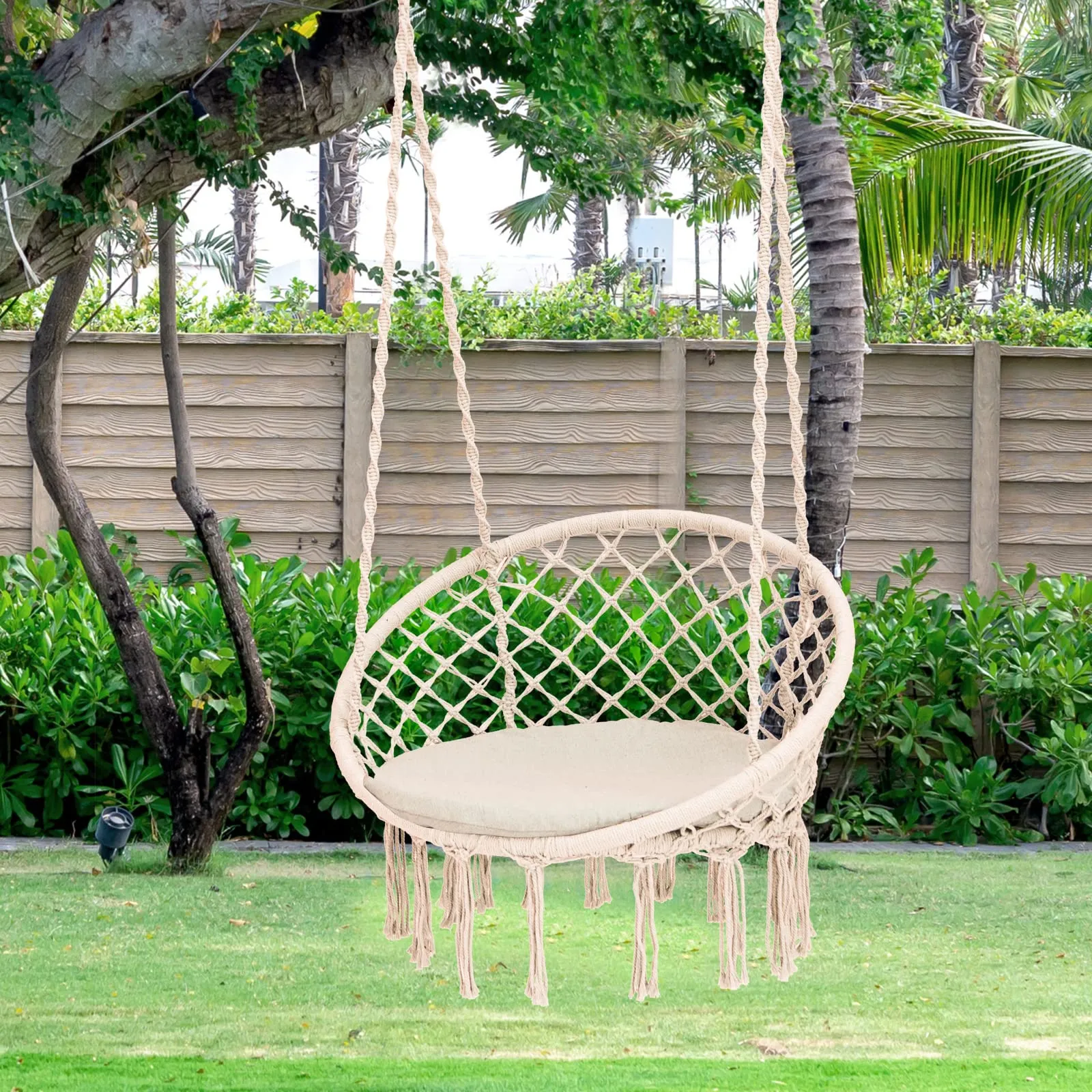 Tangkula Hammock Chair with Cushion, Bohemian Style Macrame Swing Chair with Hanging Hardware Kit & Strap