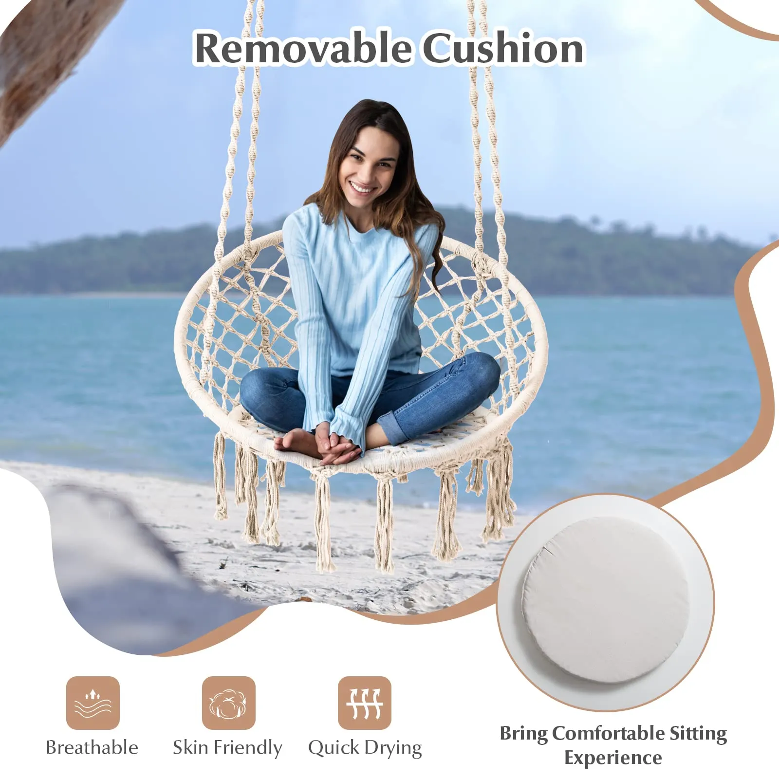 Tangkula Hammock Chair with Cushion, Bohemian Style Macrame Swing Chair with Hanging Hardware Kit & Strap