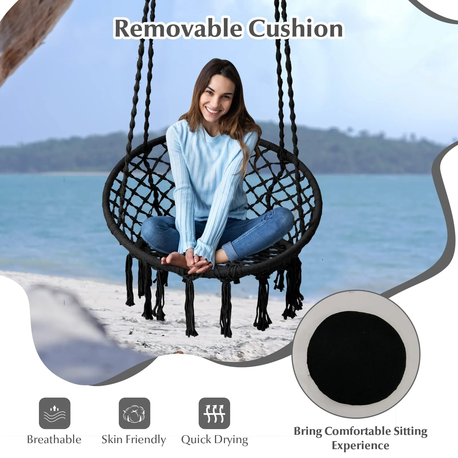 Tangkula Hammock Chair with Cushion, Bohemian Style Macrame Swing Chair with Hanging Hardware Kit & Strap