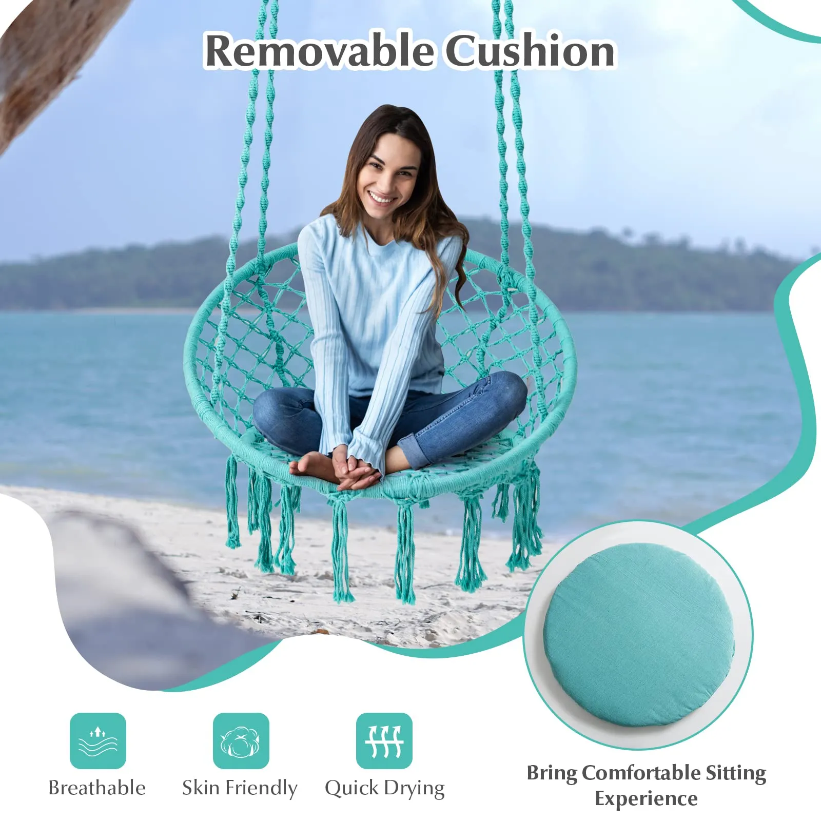 Tangkula Hammock Chair with Cushion, Bohemian Style Macrame Swing Chair with Hanging Hardware Kit & Strap