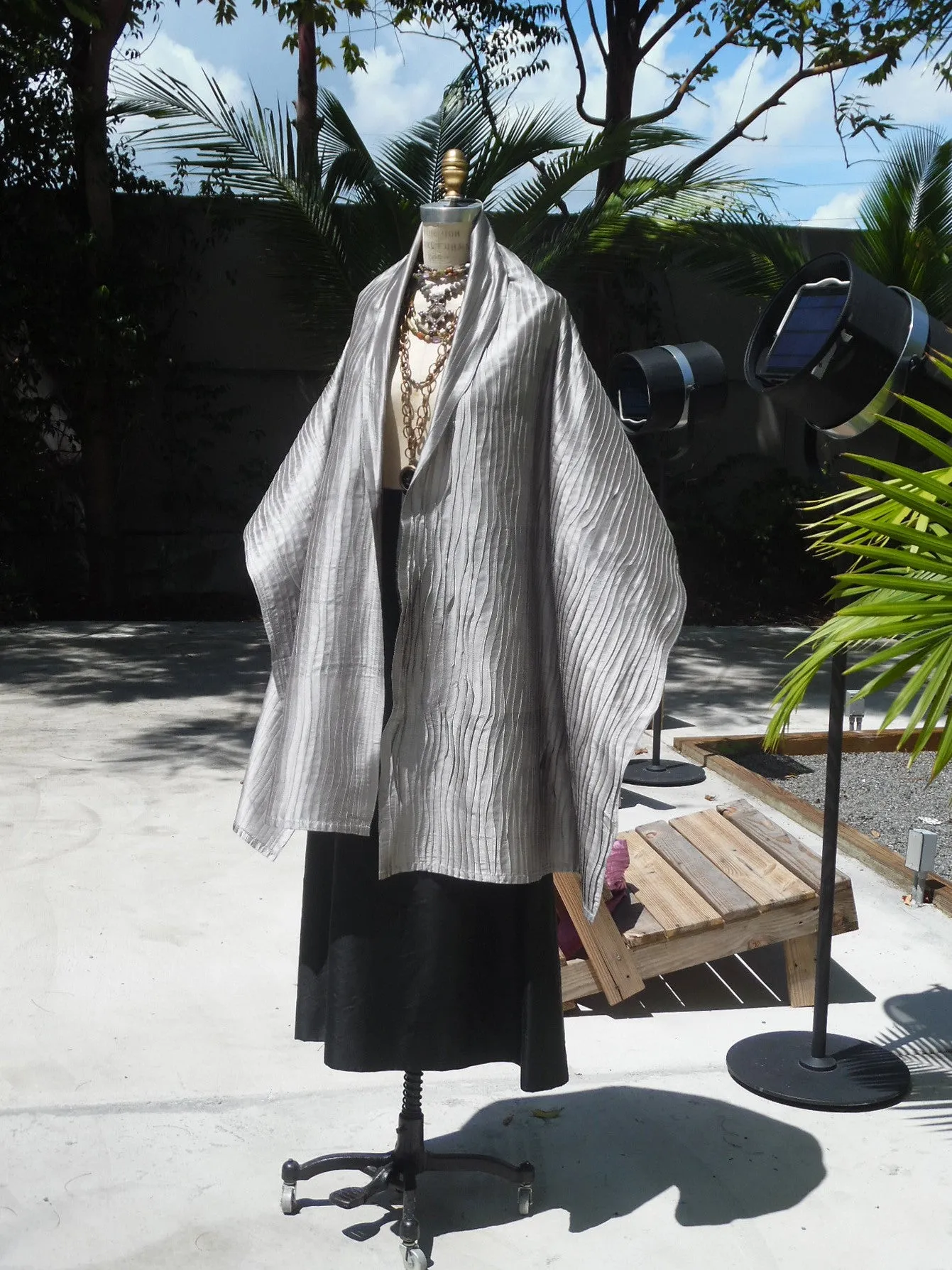 Thai Silk Pintuck Pleated Shawl Silver