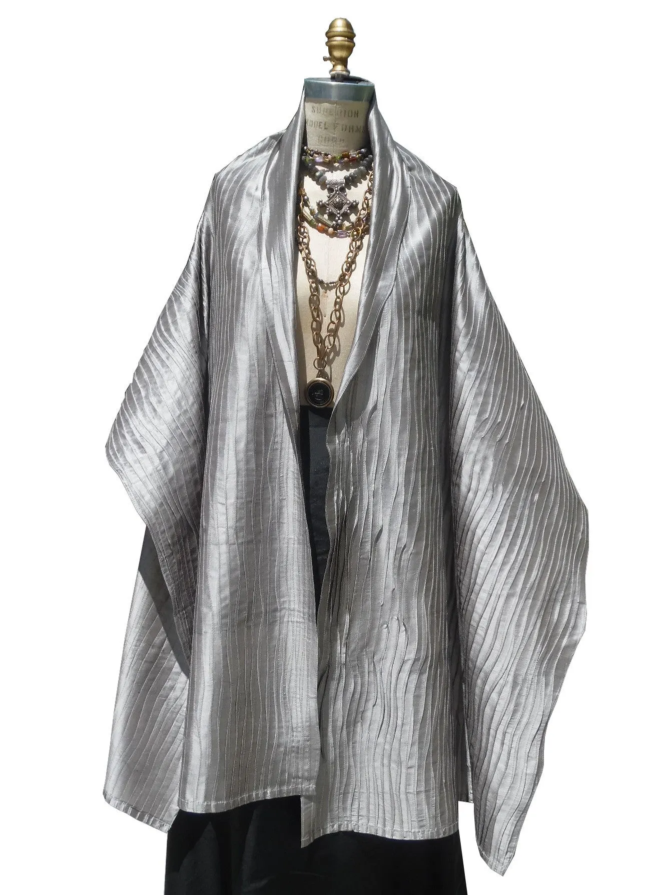 Thai Silk Pintuck Pleated Shawl Silver